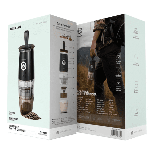 Battery: 1600mAh Power: 46W Bean Capacity: 30g Powder Container: 120m Speed: 5Gears RPM Range: 78 RPM Charging Port: Type-C Charging Time: 1-2 Hours Working Cycle- 6-7 Times Features Ceramic Grinding Core 6-7 Times Grinding Cycle Power Container Type-C charging