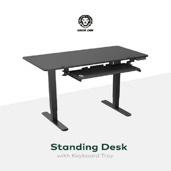 green standing desk with keyboard tray