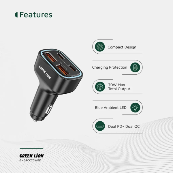 خرید Green Lion Quad Port 70W Car Charger