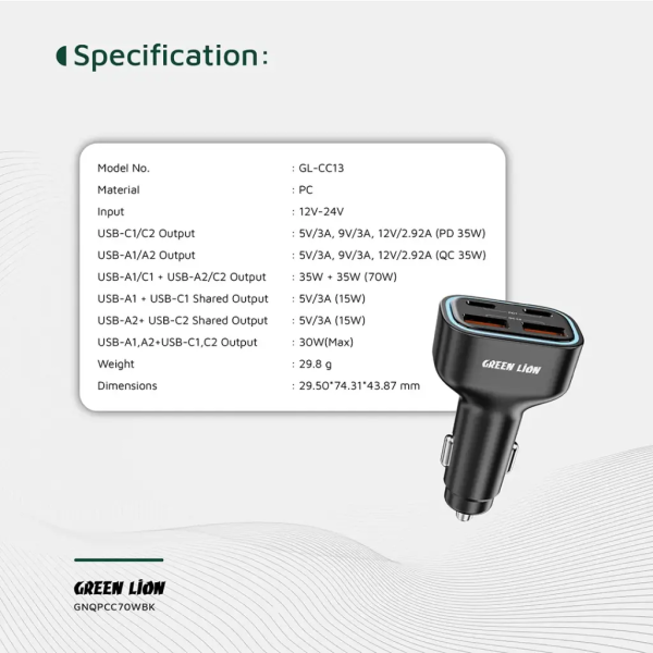 Green Lion Quad Port 70W Car Charger عمده