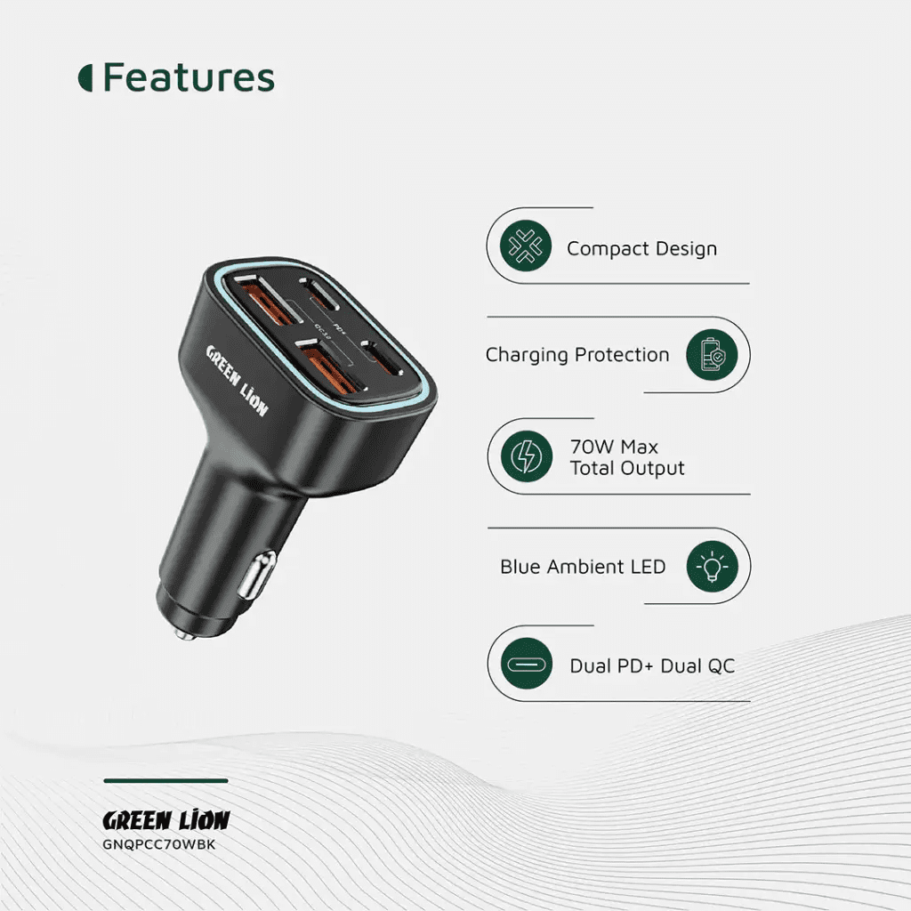 خرید Green Lion Quad Port 70W Car Charger