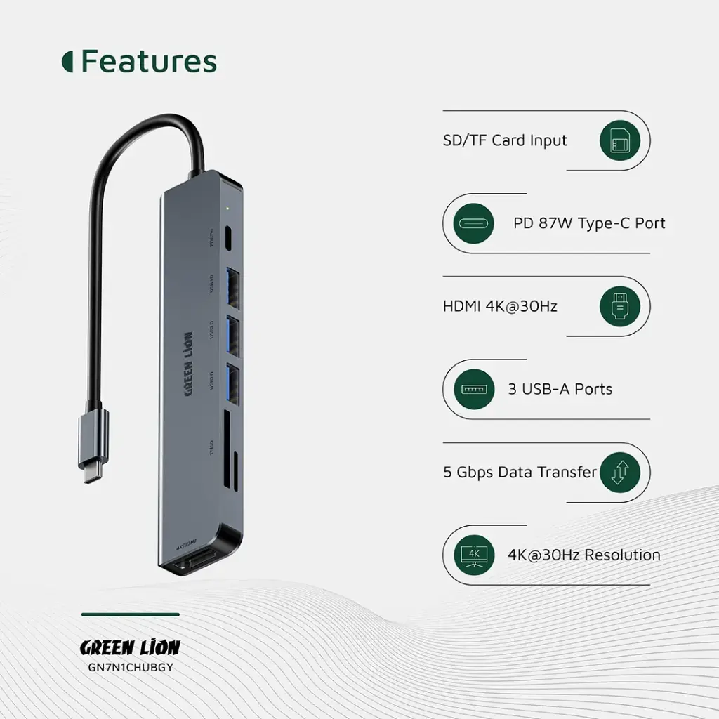 هاب یو اس بی سی 7در1 گرین Green 7-in-1 USB-C Hub