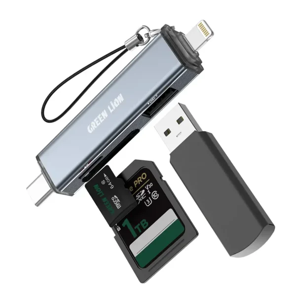 کارت ریدر ۳در1 با قابلیت اتصال USB-C و لایتنینگ گرین Green Lion 3in1 Card Reader with USB-C & Lightning Connectivity
