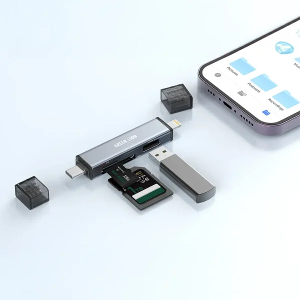 کارت ریدر ۳در1 با قابلیت اتصال USB-C و لایتنینگ گرین Green Lion 3in1 Card Reader