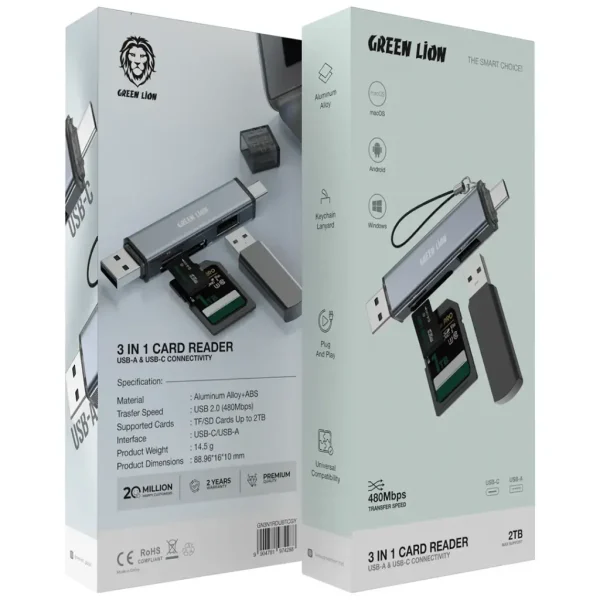 Green Lion 3in1 Card Reader with USB-A & USB-C Connectivity